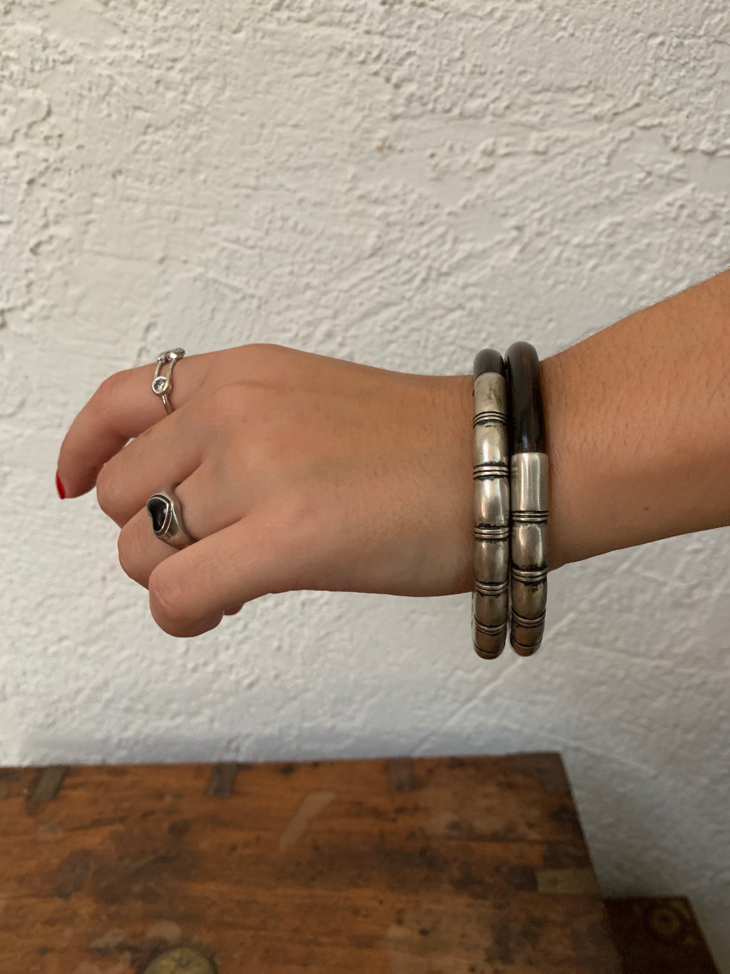 Antique Chinese Bamboo and Sterling Silver Bangles