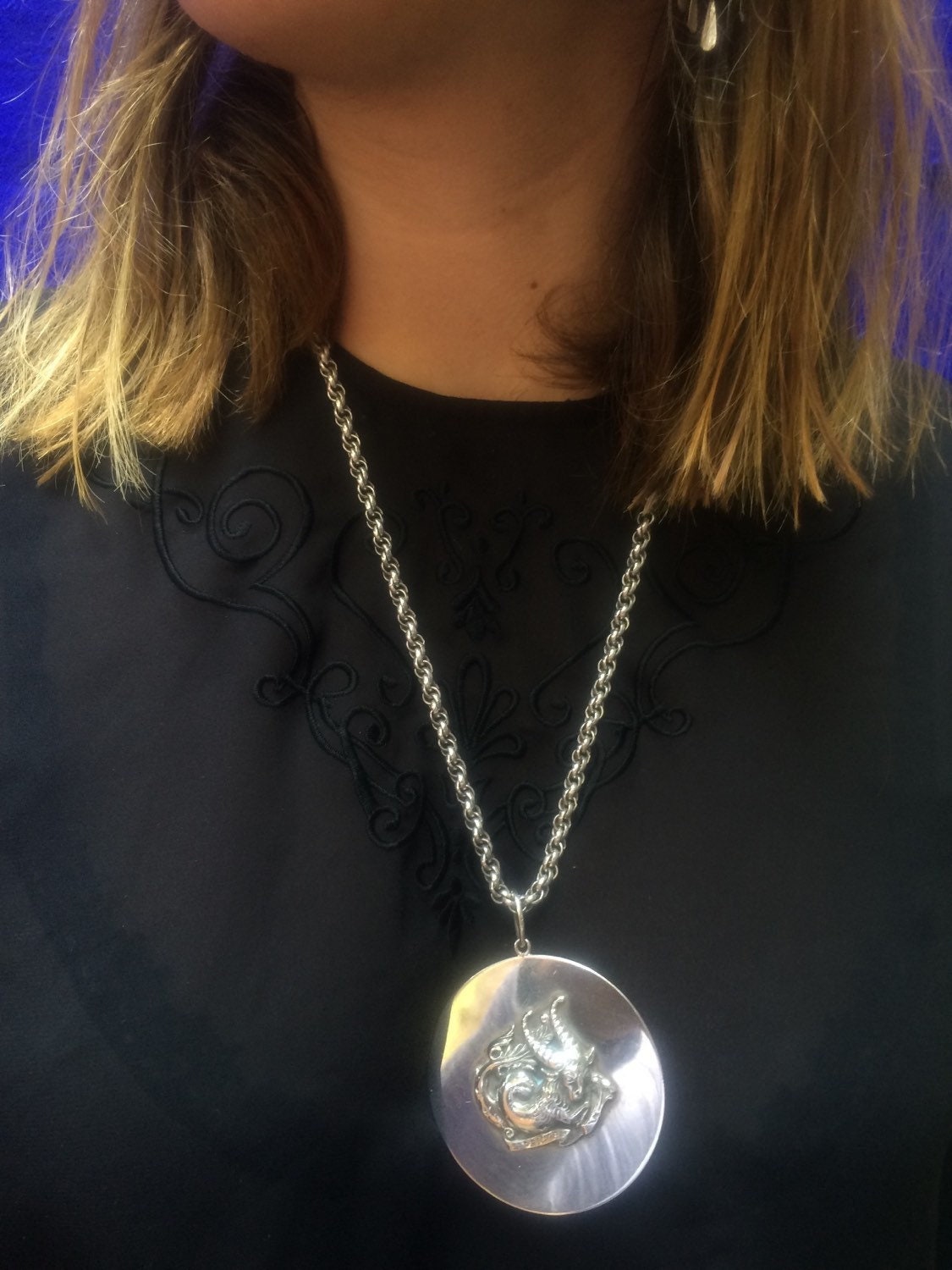 Beautiful Signed Cini Sterling Silver 3-D Capricorn Medallion Disk