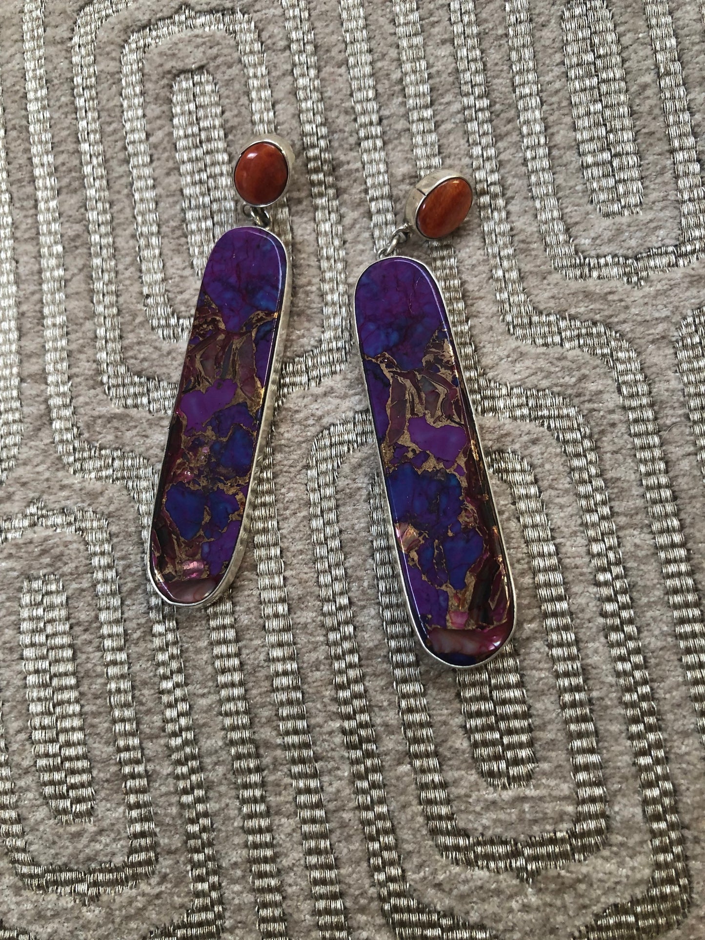 Native American Spiny Oyster and Reconstituted Stone Earrings Purple and Orange Earrings