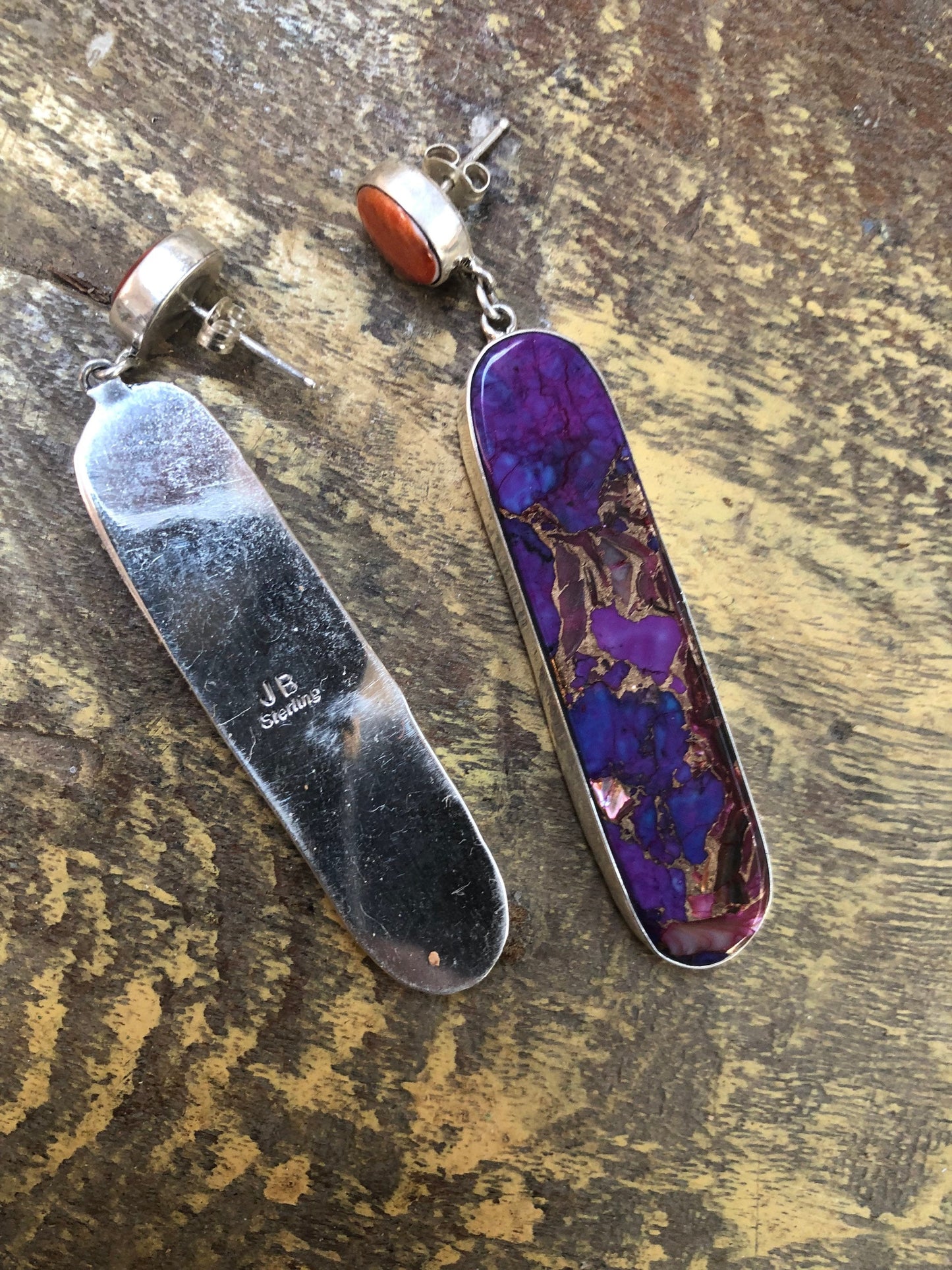 Native American Spiny Oyster and Reconstituted Stone Earrings Purple and Orange Earrings