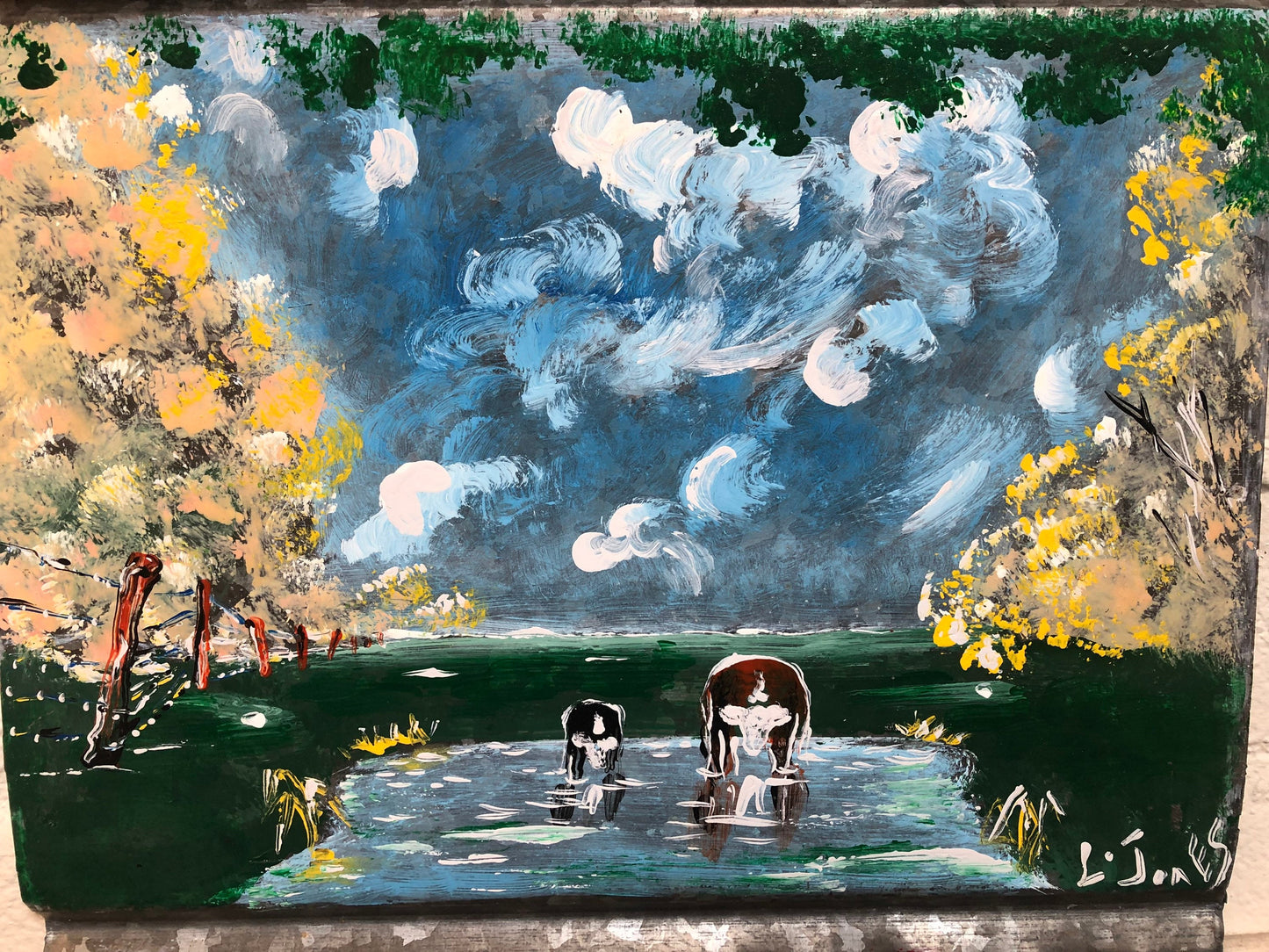 Primitive Folk Art Painting on Metal