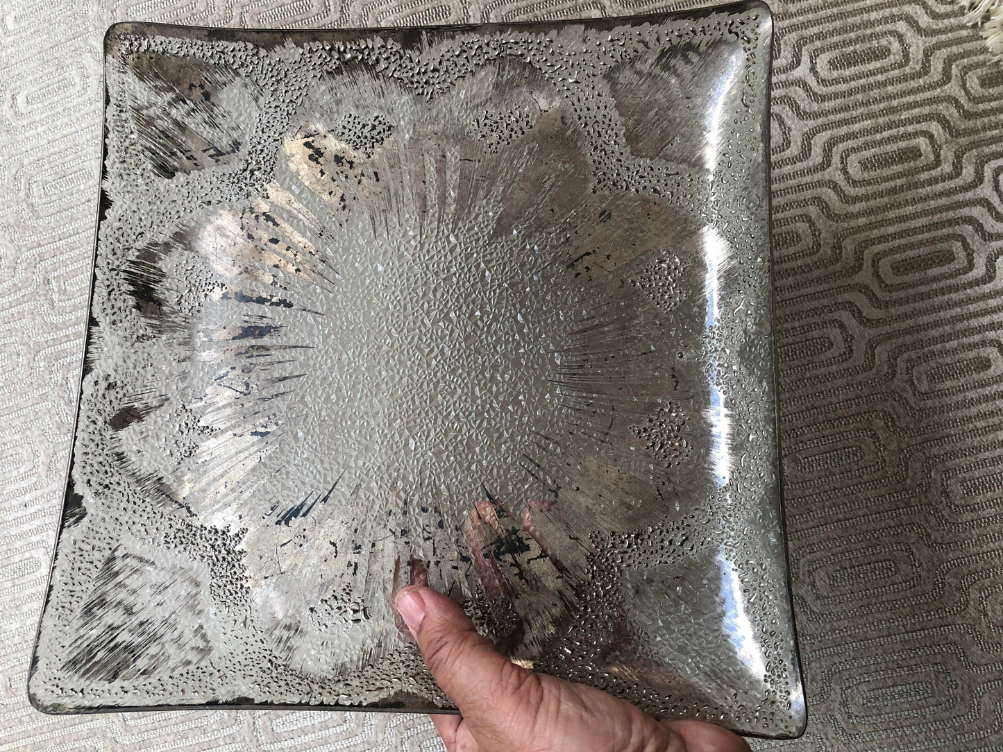 Vintage Dorothy Thorpe Square Glass and Silver Serving Platter