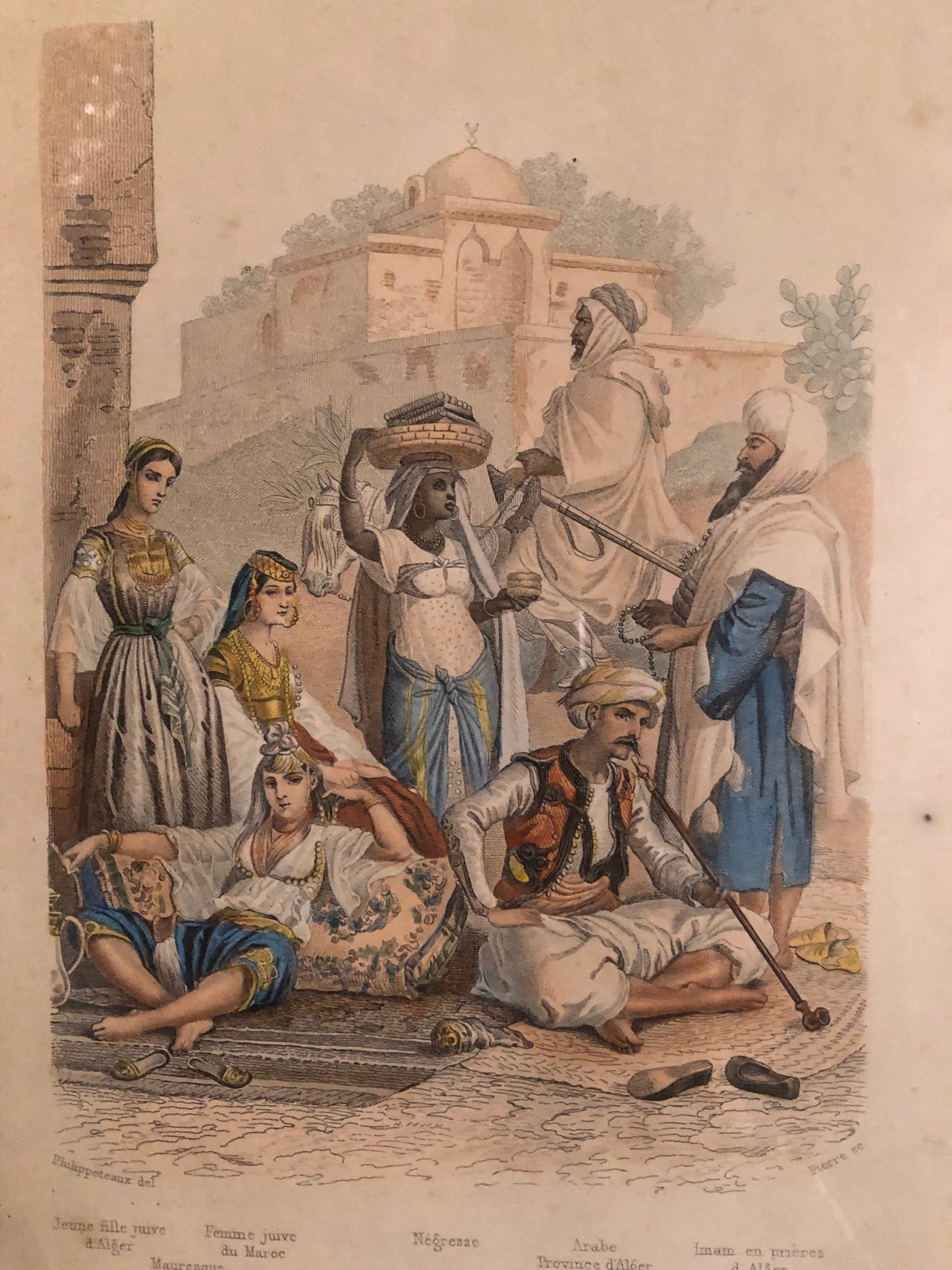 1920s French Color Engraving of North African Street Vendors Framed