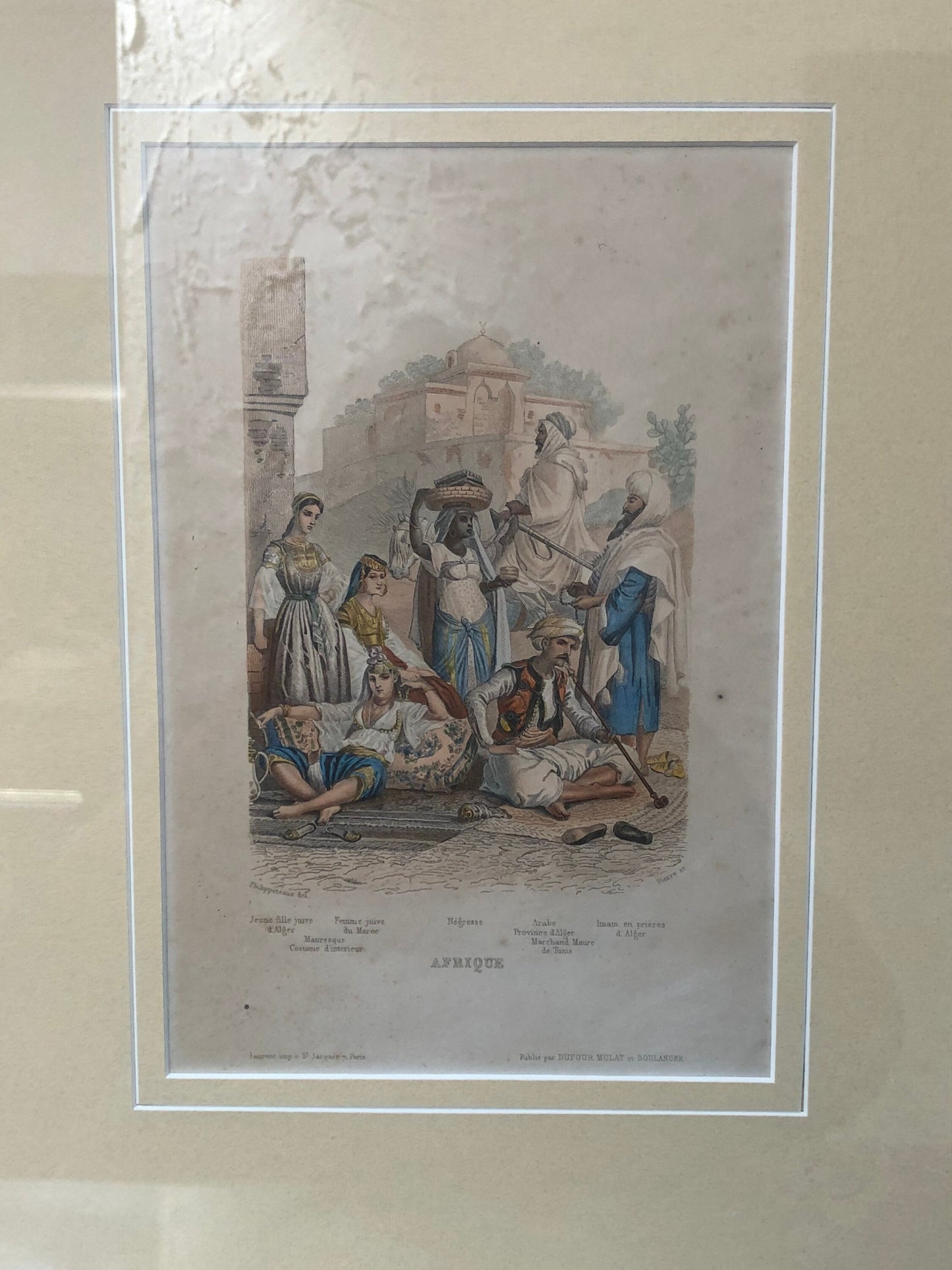 1920s French Color Engraving of North African Street Vendors Framed