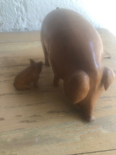 Vintage Folk Art Handmade Pig and Piglet Wood Figurines Signed