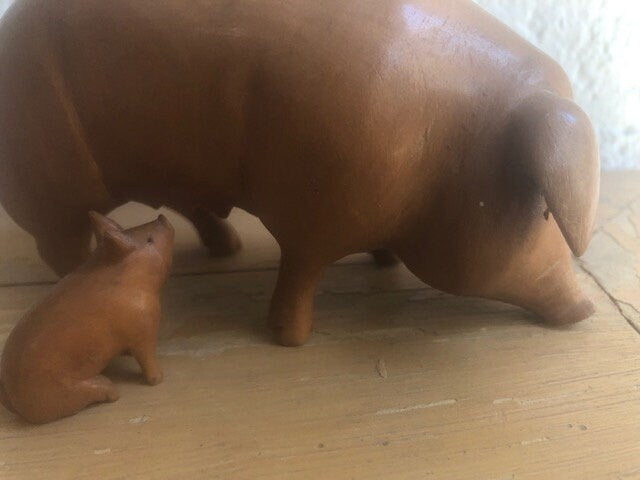 Vintage Folk Art Handmade Pig and Piglet Wood Figurines Signed
