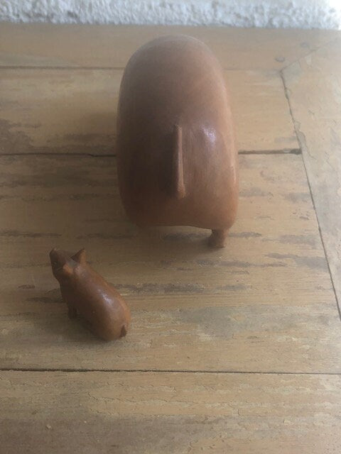 Vintage Folk Art Handmade Pig and Piglet Wood Figurines Signed