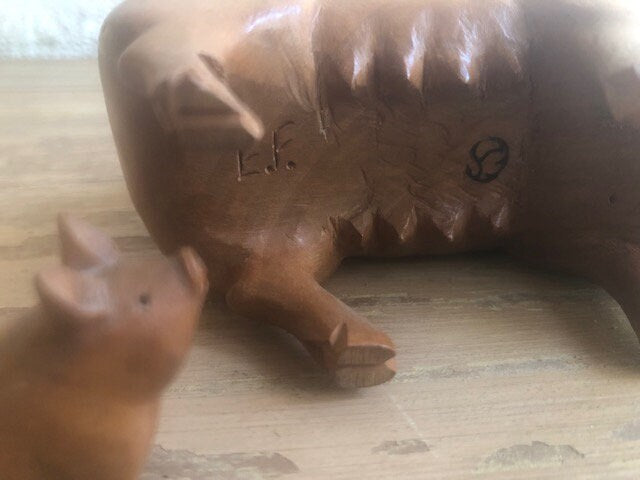 Vintage Folk Art Handmade Pig and Piglet Wood Figurines Signed