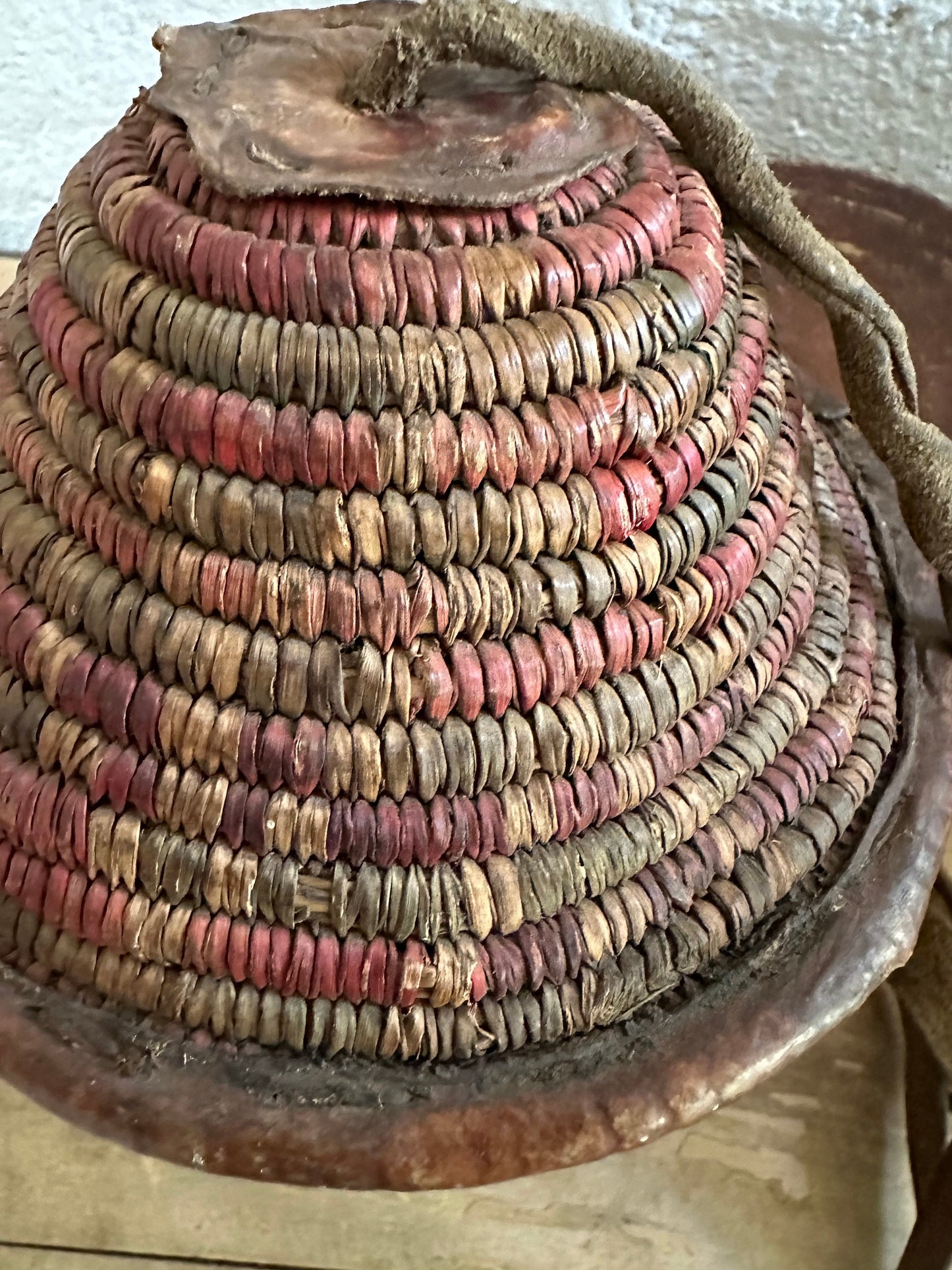 Vintage Handwoven African Basket with Cover, Straps and Cowry Shells