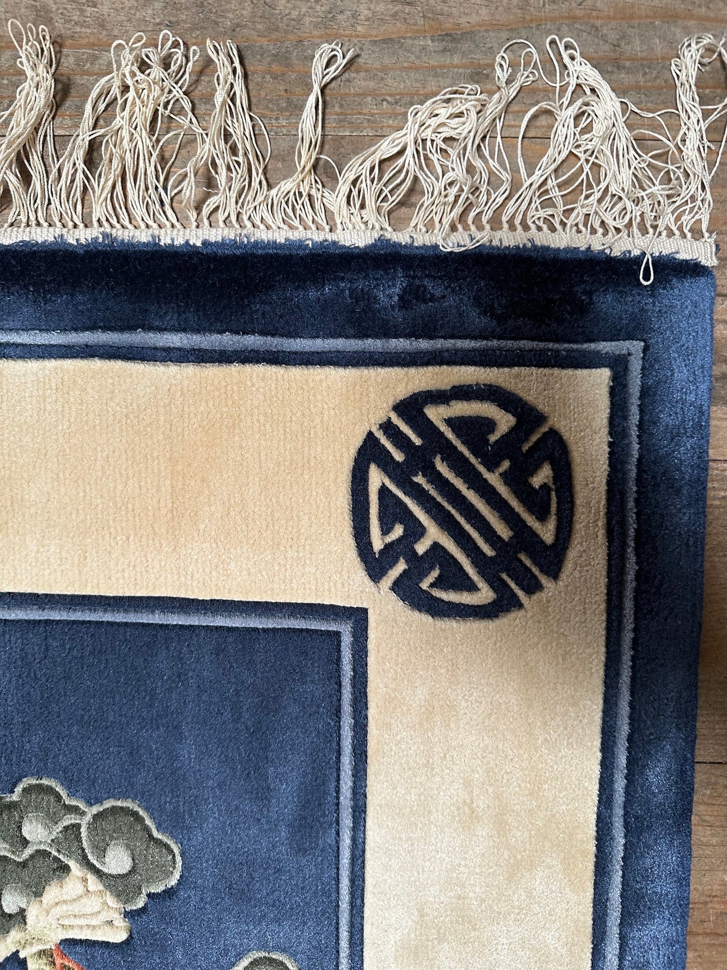 Vintage Silk Dragon Rug Framed in Black 1980s without the frame