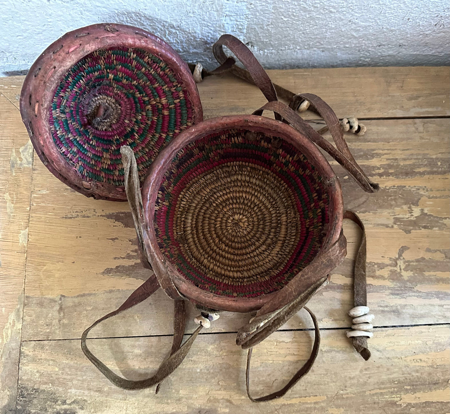 Vintage Handwoven African Basket with Cover, Straps and Cowry Shells