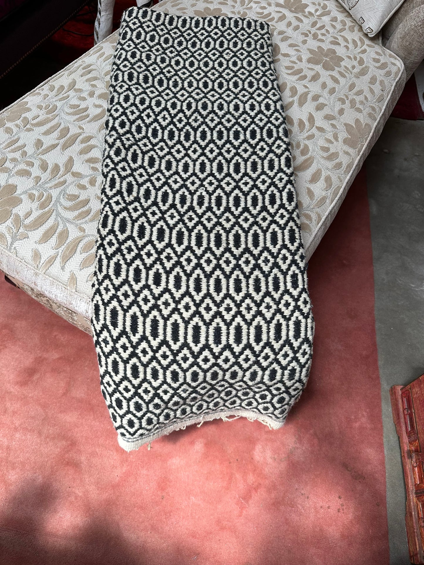 Vintage Handwoven Beige and Black Graphic Blanket