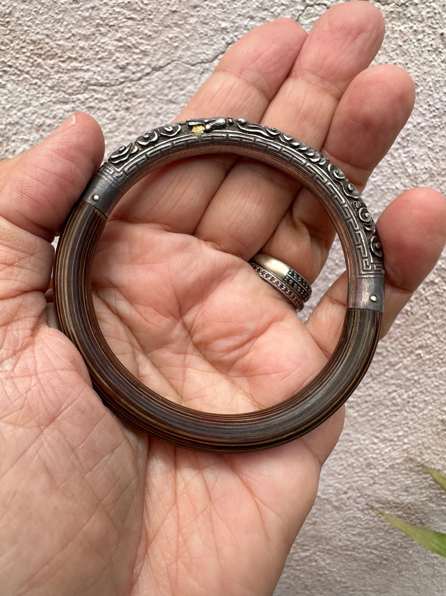 Vintage Bamboo and Sterling Silver Repouse Bangle