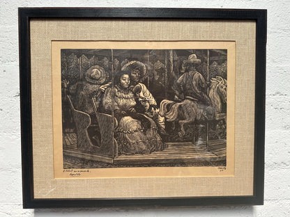 Vintage Mexican Black and White Linocut Print “The Carousel” by Leopoldo Mendez