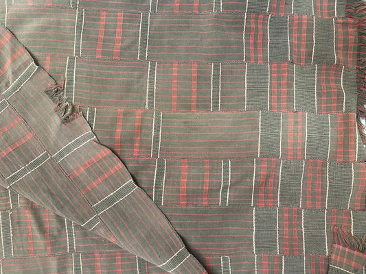 Vintage West African Handwoven Strip Textile, Neutral Plaid Fabric Panel in Taupe + Muted Pink