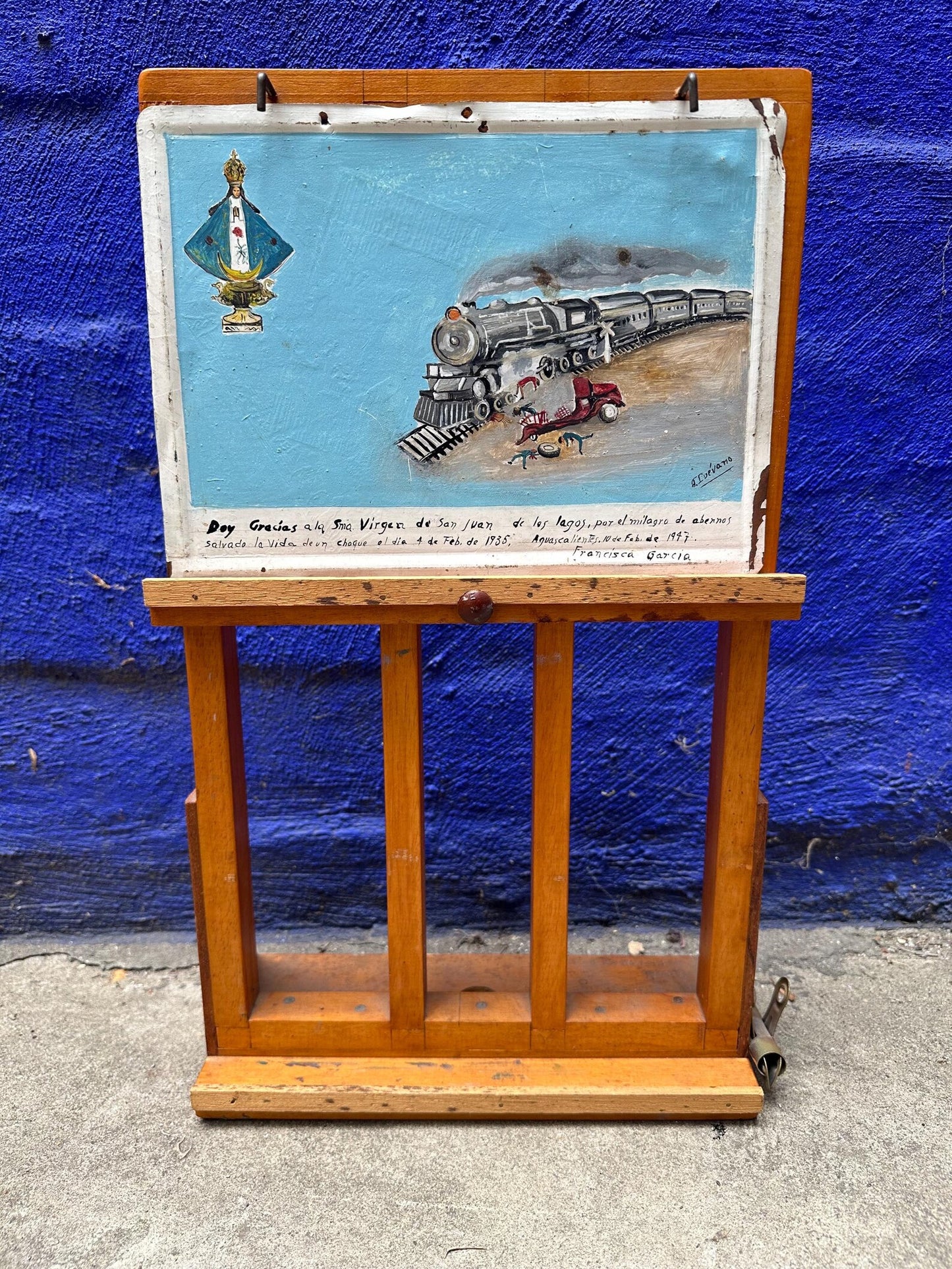 1940s Mexican Retablo – Ex-Voto Train Wreck Folk Art on Tin with Easel