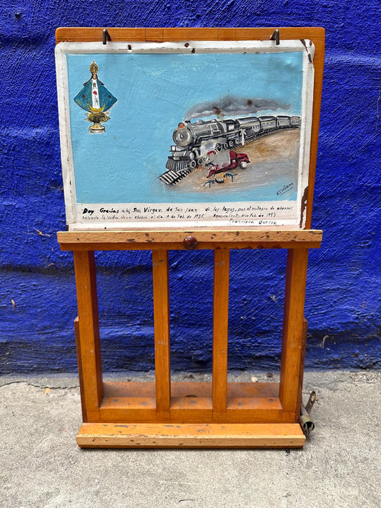 1940s Mexican Retablo – Ex-Voto Train Wreck Folk Art on Tin with Easel