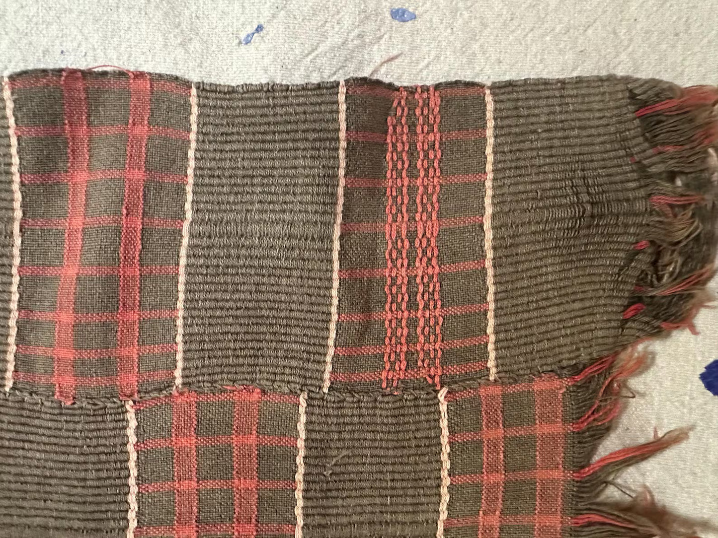 Vintage West African Handwoven Strip Textile, Neutral Plaid Fabric Panel in Taupe + Muted Pink