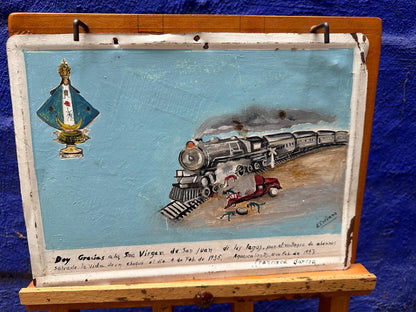 1940s Mexican Retablo – Ex-Voto Train Wreck Folk Art on Tin with Easel