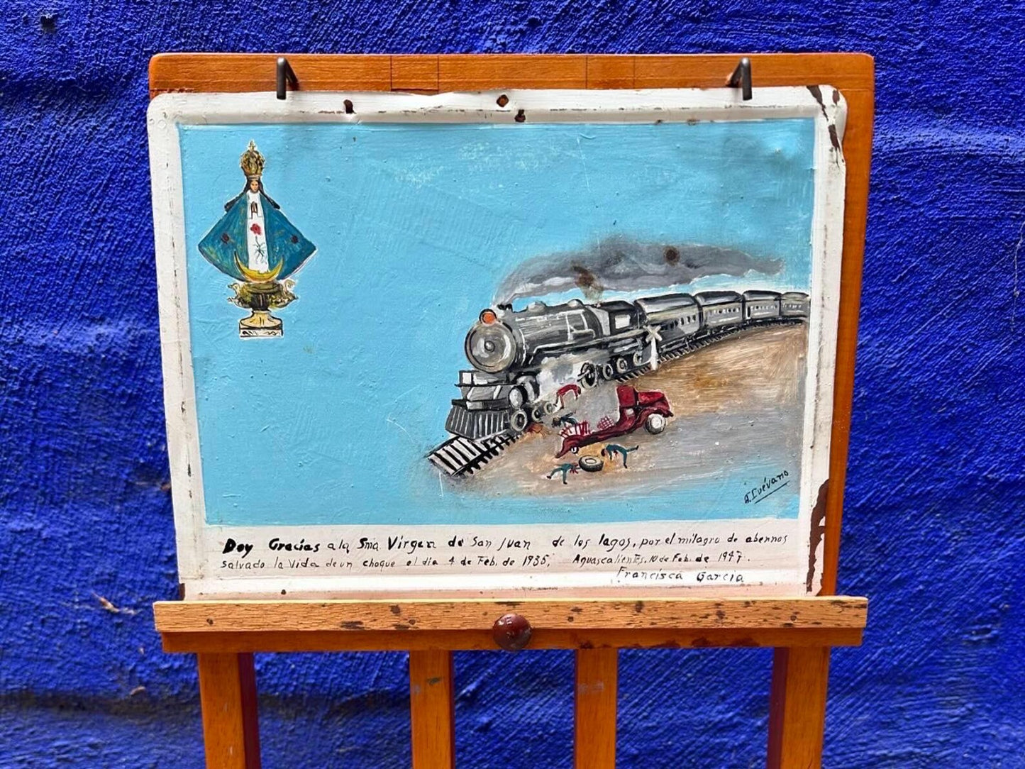 1940s Mexican Retablo – Ex-Voto Train Wreck Folk Art on Tin with Easel