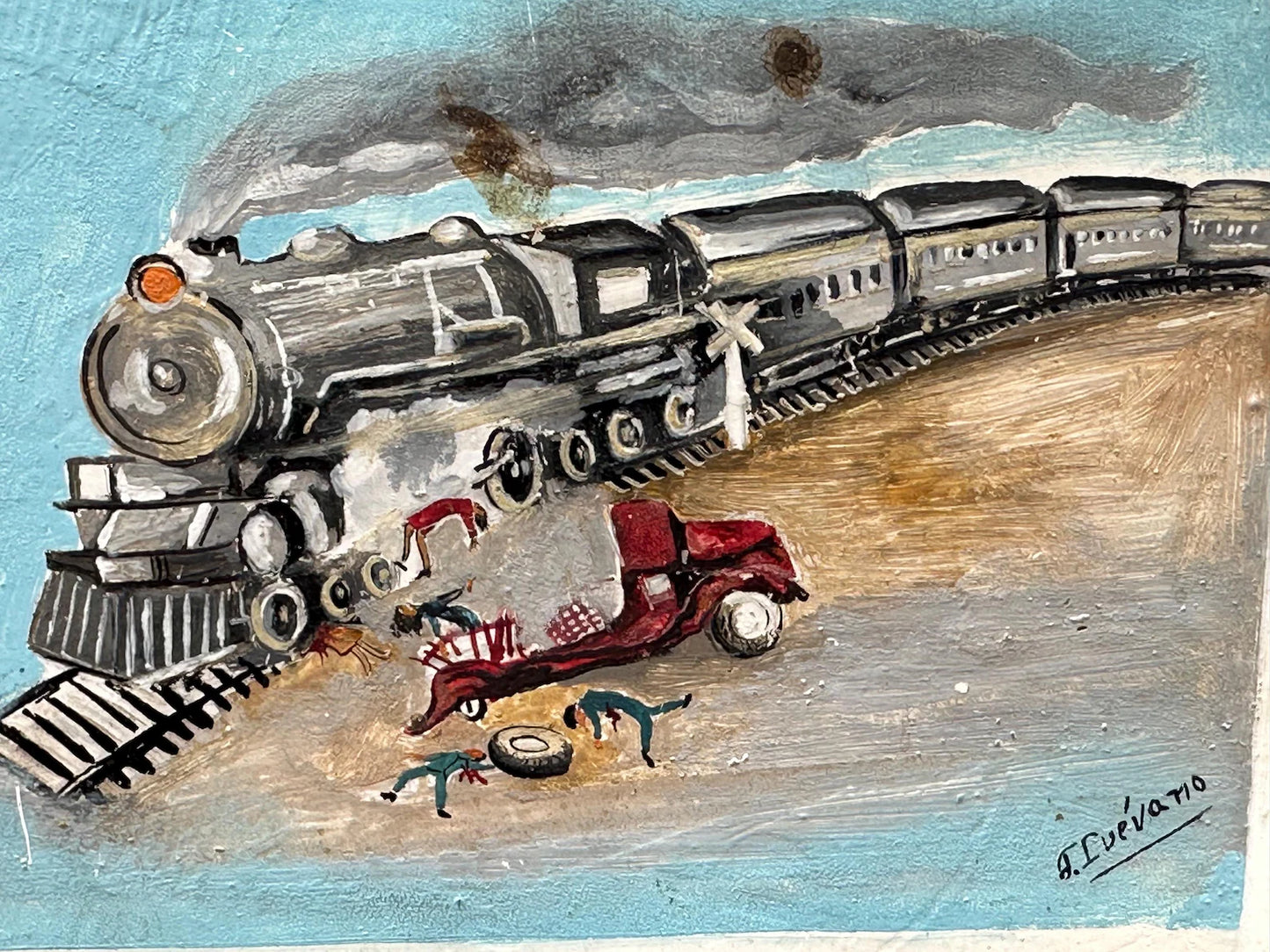 1940s Mexican Retablo – Ex-Voto Train Wreck Folk Art on Tin with Easel