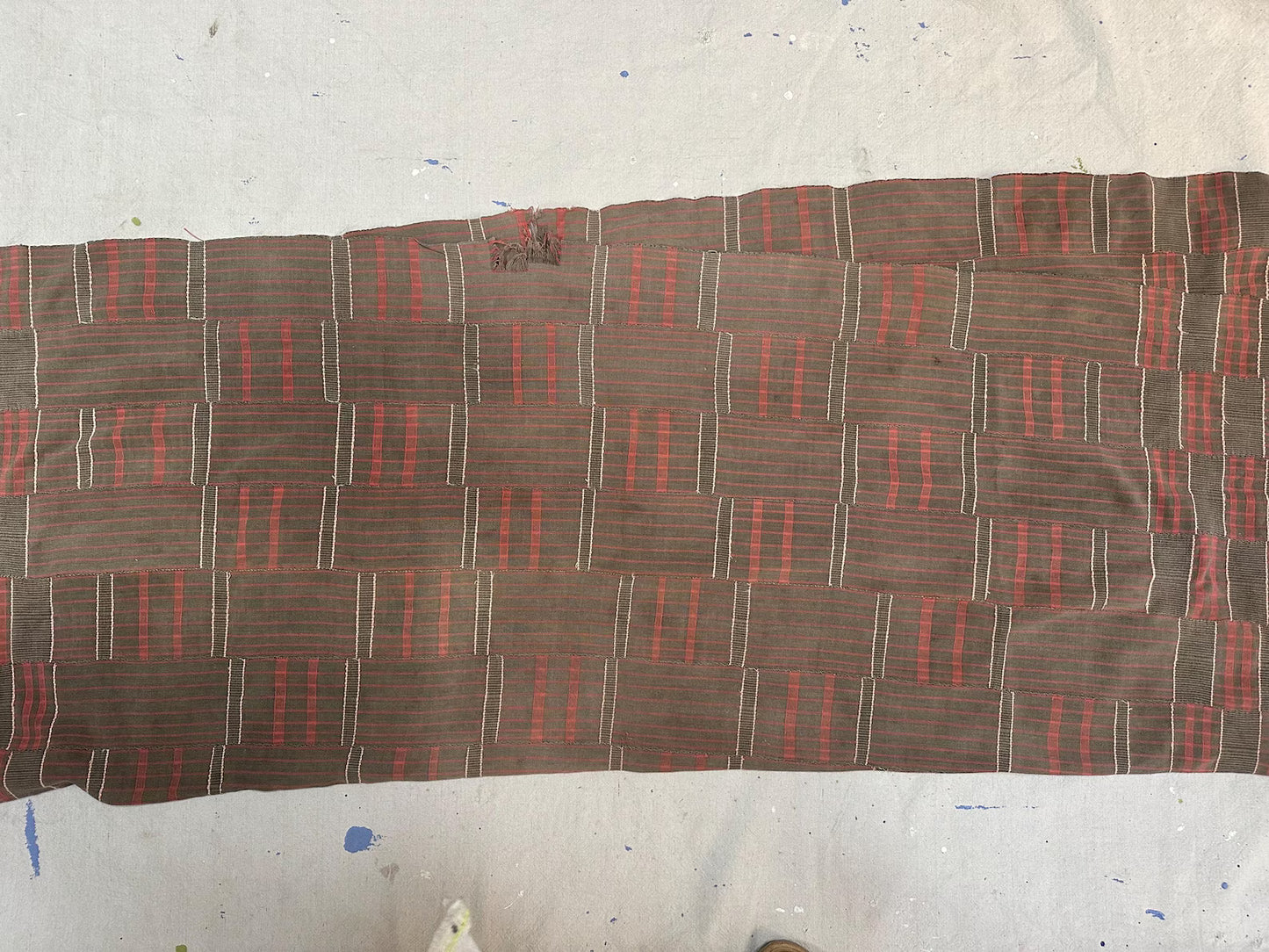 Vintage West African Handwoven Strip Textile, Neutral Plaid Fabric Panel in Taupe + Muted Pink