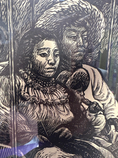 Vintage Mexican Black and White Linocut Print “The Carousel” by Leopoldo Mendez