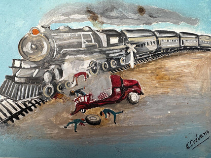 1940s Mexican Retablo – Ex-Voto Train Wreck Folk Art on Tin with Easel