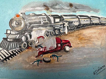 1940s Mexican Retablo – Ex-Voto Train Wreck Folk Art on Tin with Easel