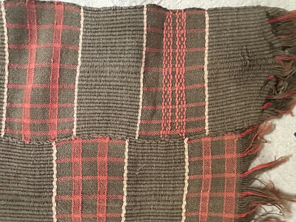 Vintage West African Handwoven Strip Textile, Neutral Plaid Fabric Panel in Taupe + Muted Pink