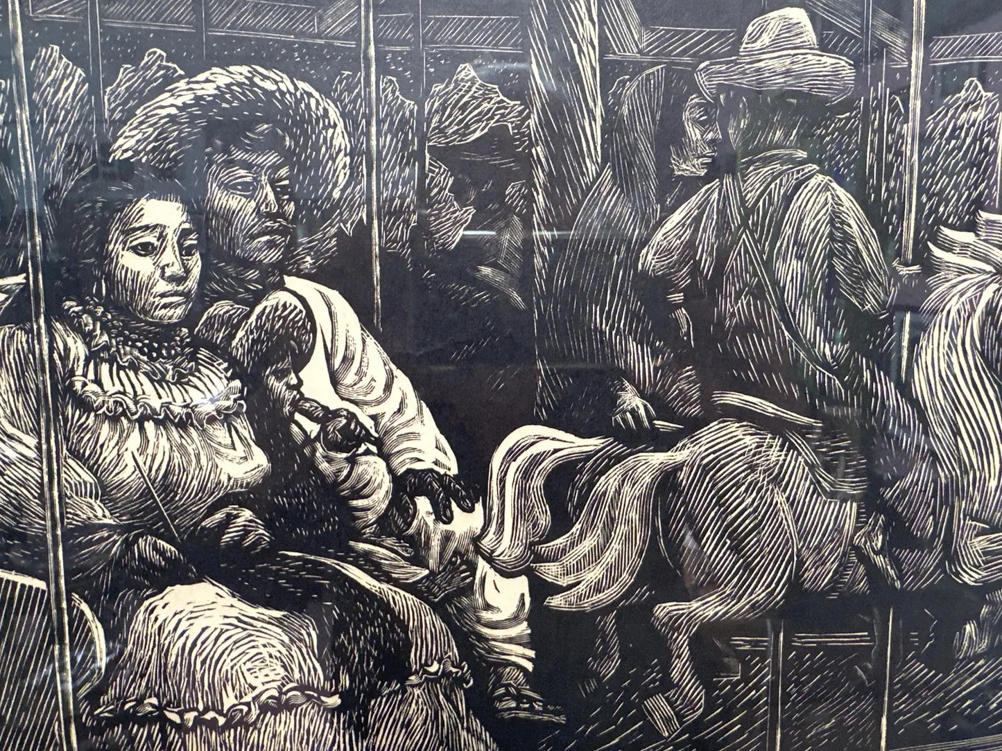 Vintage Mexican Black and White Linocut Print “The Carousel” by Leopoldo Mendez