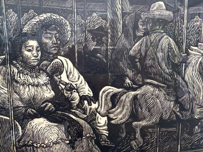 Vintage Mexican Black and White Linocut Print “The Carousel” by Leopoldo Mendez