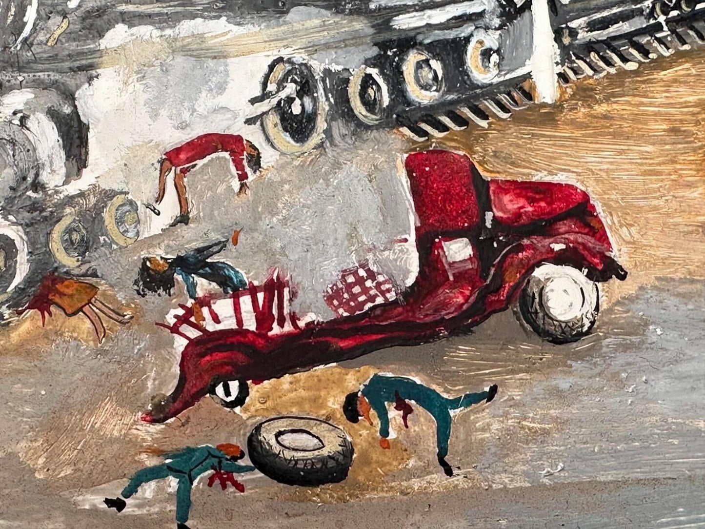 1940s Mexican Retablo – Ex-Voto Train Wreck Folk Art on Tin with Easel