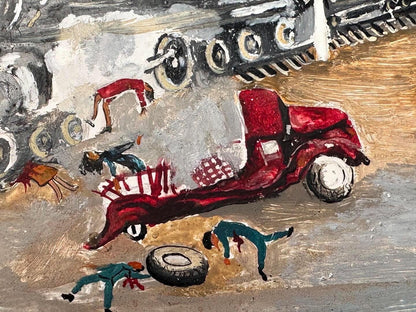 1940s Mexican Retablo – Ex-Voto Train Wreck Folk Art on Tin with Easel