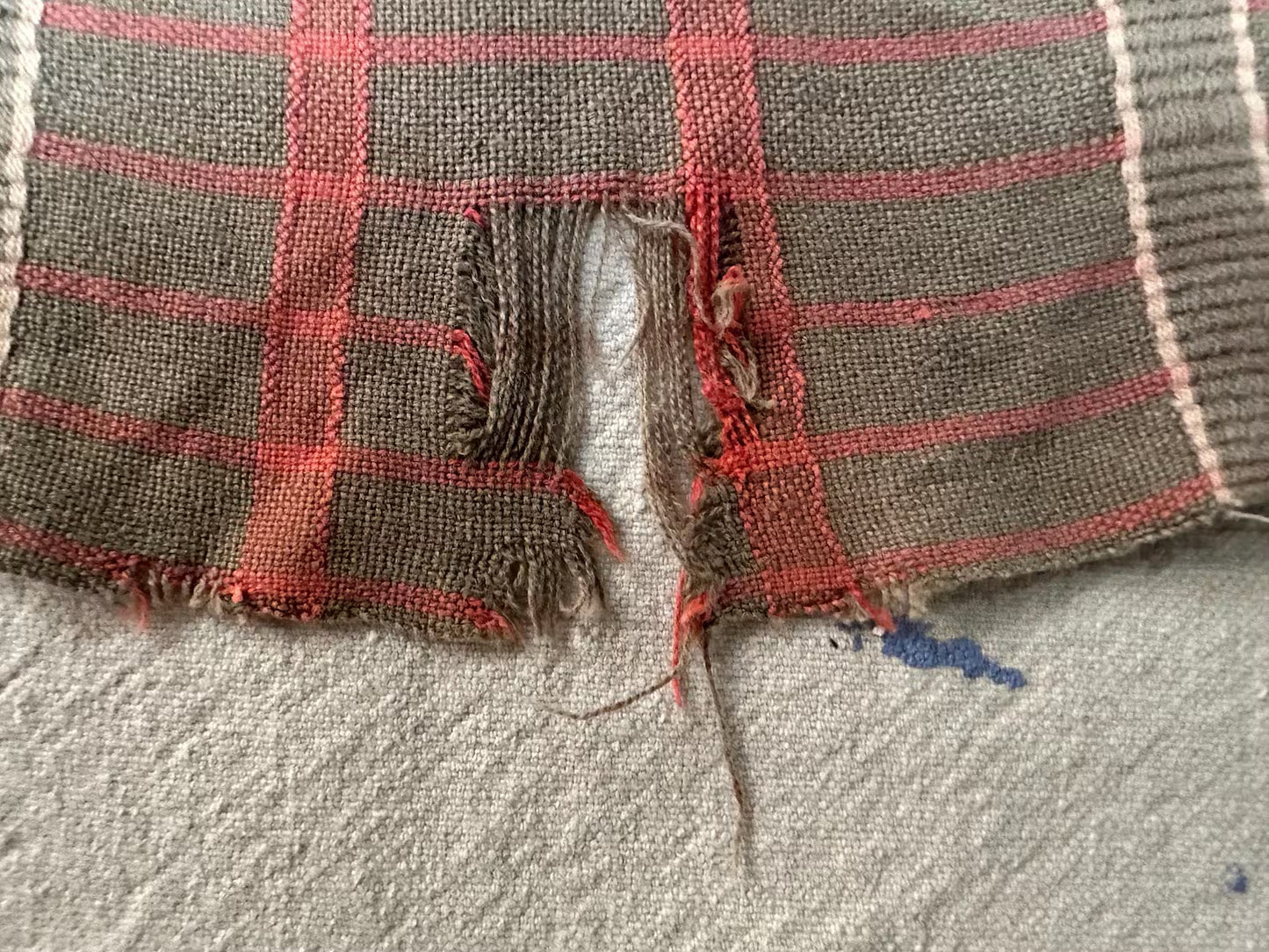 Vintage West African Handwoven Strip Textile, Neutral Plaid Fabric Panel in Taupe + Muted Pink