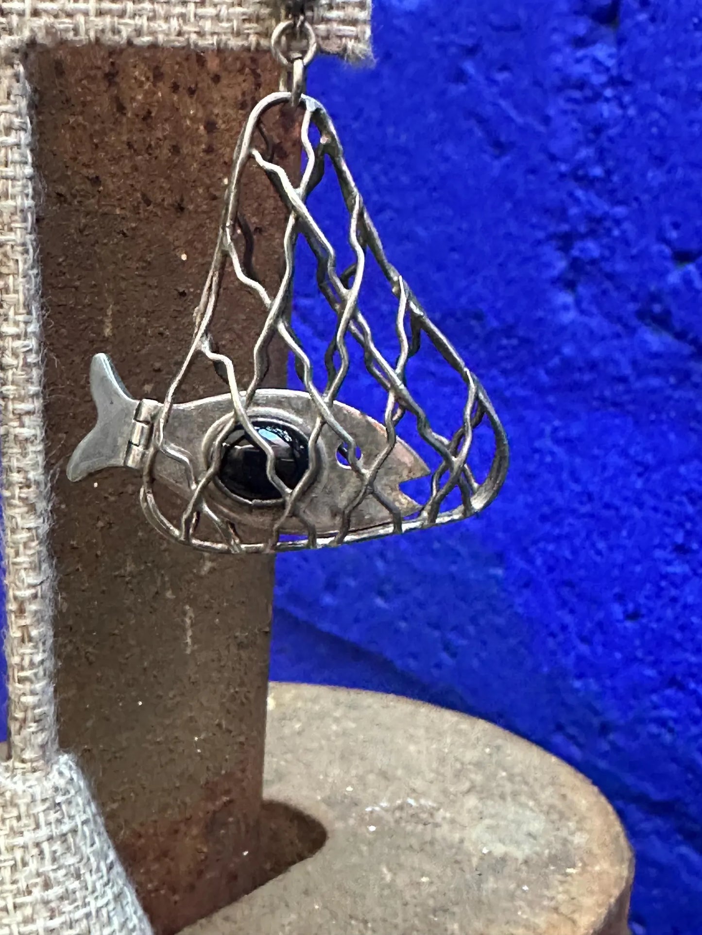 Vintage Sterling Silver Fish with Wiggly Tail In Silver Netting