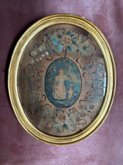 Antique 19th Century Painting Young Girl with Dog