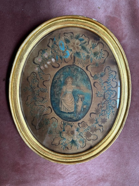 Antique 19th Century Painting Young Girl with Dog