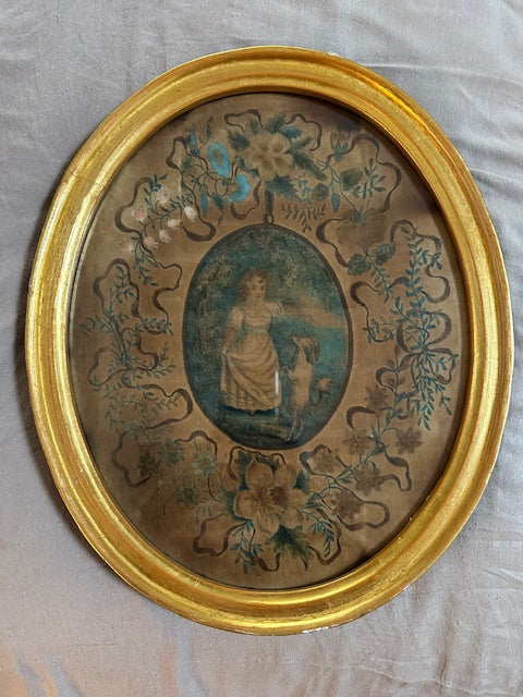 Antique 19th Century Painting Young Girl with Dog