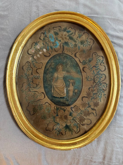 Antique 19th Century Painting Young Girl with Dog