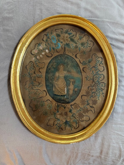 Antique 19th Century Painting Young Girl with Dog