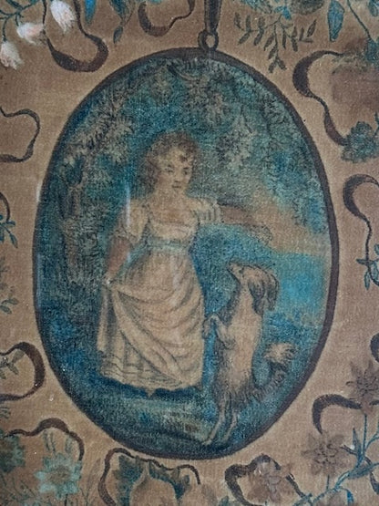 Antique 19th Century Painting Young Girl with Dog