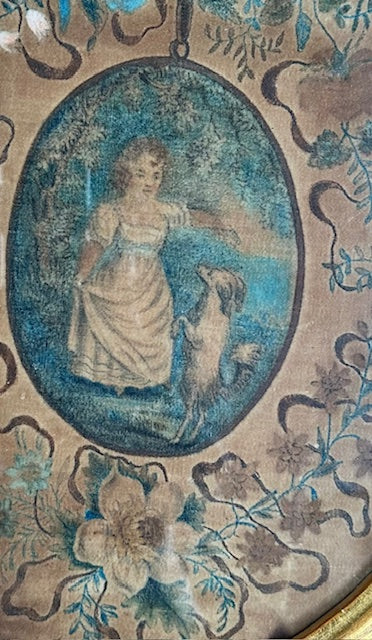 Antique 19th Century Painting Young Girl with Dog