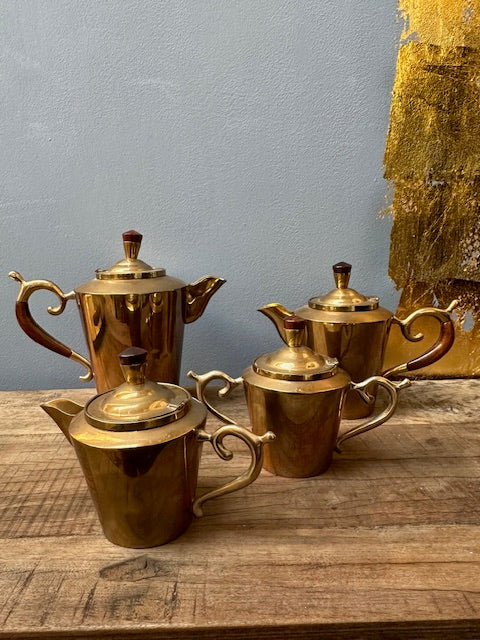 Art Deco Vintage Brass and Teak Coffee and Tea Set
