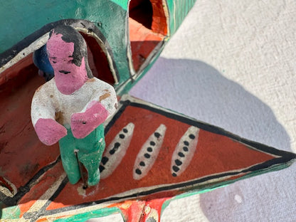 Vintage Mexican FolkArt Clay Airplane with Figures