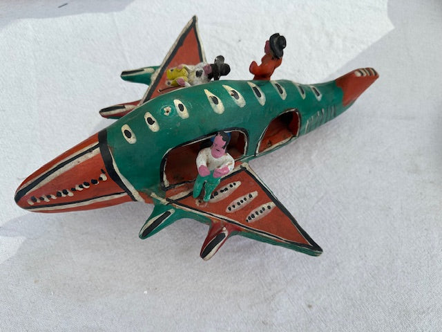 Vintage Mexican FolkArt Clay Airplane with Figures