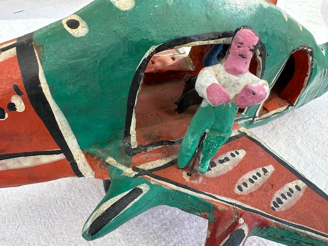 Vintage Mexican FolkArt Clay Airplane with Figures