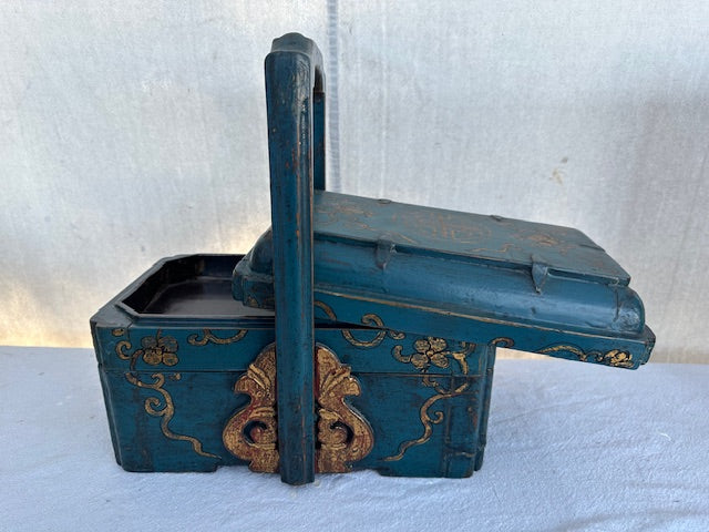 Vintage Wood Teal Three Tiered Storage Jewelry Box