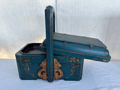 Vintage Wood Teal Three Tiered Storage Jewelry Box