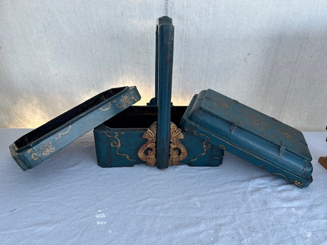 Vintage Wood Teal Three Tiered Storage Jewelry Box